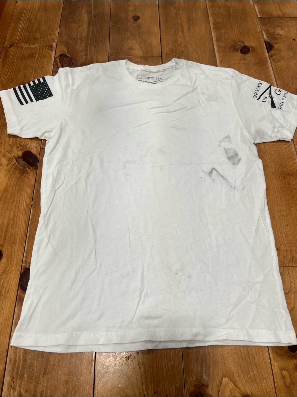 Grunt Style White Short Sleeve Crew Neck Tee with Black Sleeve Prints